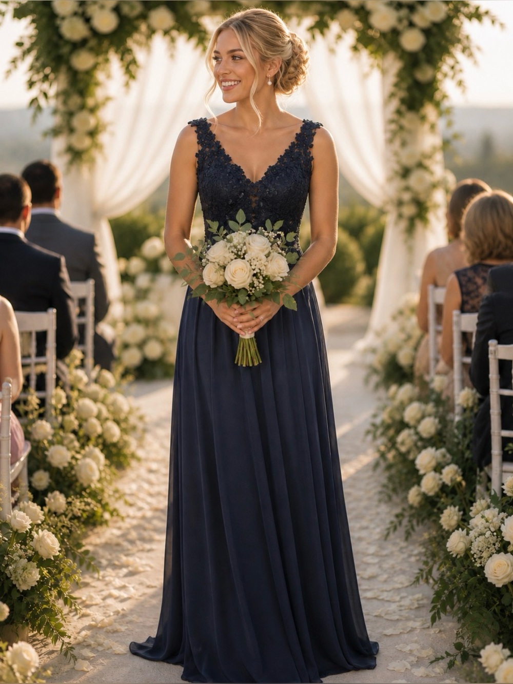 Sherri Hill Navy Lace Maxi Dress